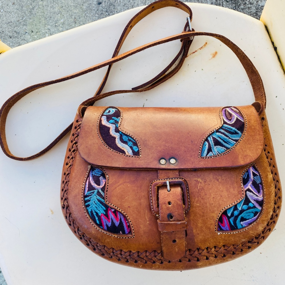 Tooled leather flap top brown crossbody bag handmade bohemian hippie